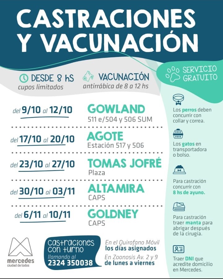 Habrá castraciones y vacunación en Gowland y la zona