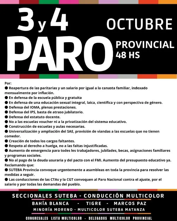 SUTEBA Multicolor convoca a paro el 3 y 4 de octubre